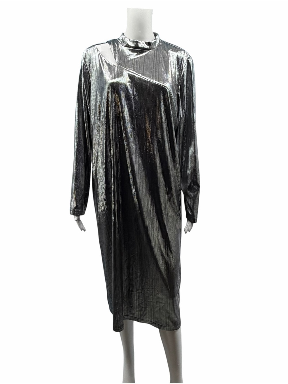 Eloquii Metallic Silver Long-Sleeve Shift Dress